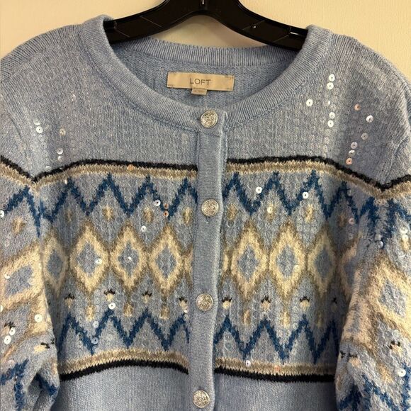 NWT Loft Sequin Fair Isle Sweater Jacket Cardigan in Sky Blue Size XL - Picture 6 of 8